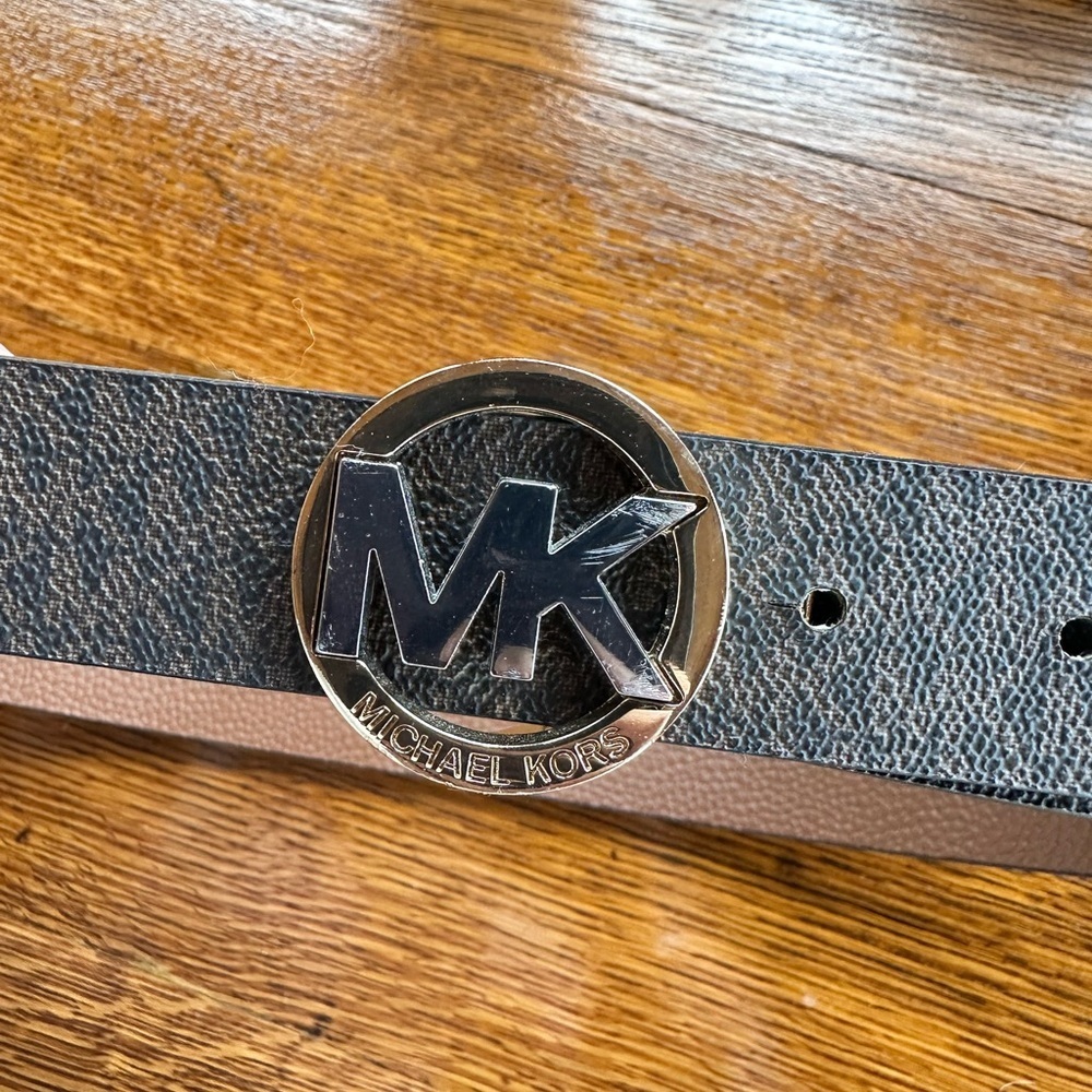 Michael Kors Black Monogram Belt with Gold MK Buckle - Picture 2 of 4